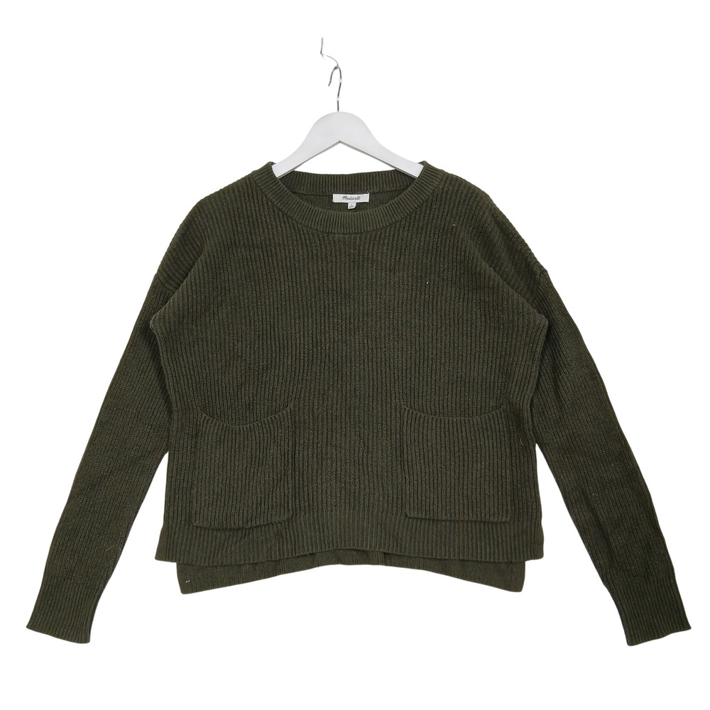 Madewell Olive Green Ribbed Crewneck Sweater J8782 Pockets Boxy Fit Small